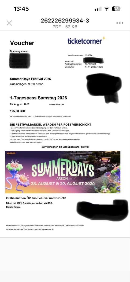 Tickets: Summerdays Arbon 2 Tickets 1-Tagespass Samstag 2026 – Neu (gemäss Beschreibung) aus Eschenbach SG von Ottilein1 1