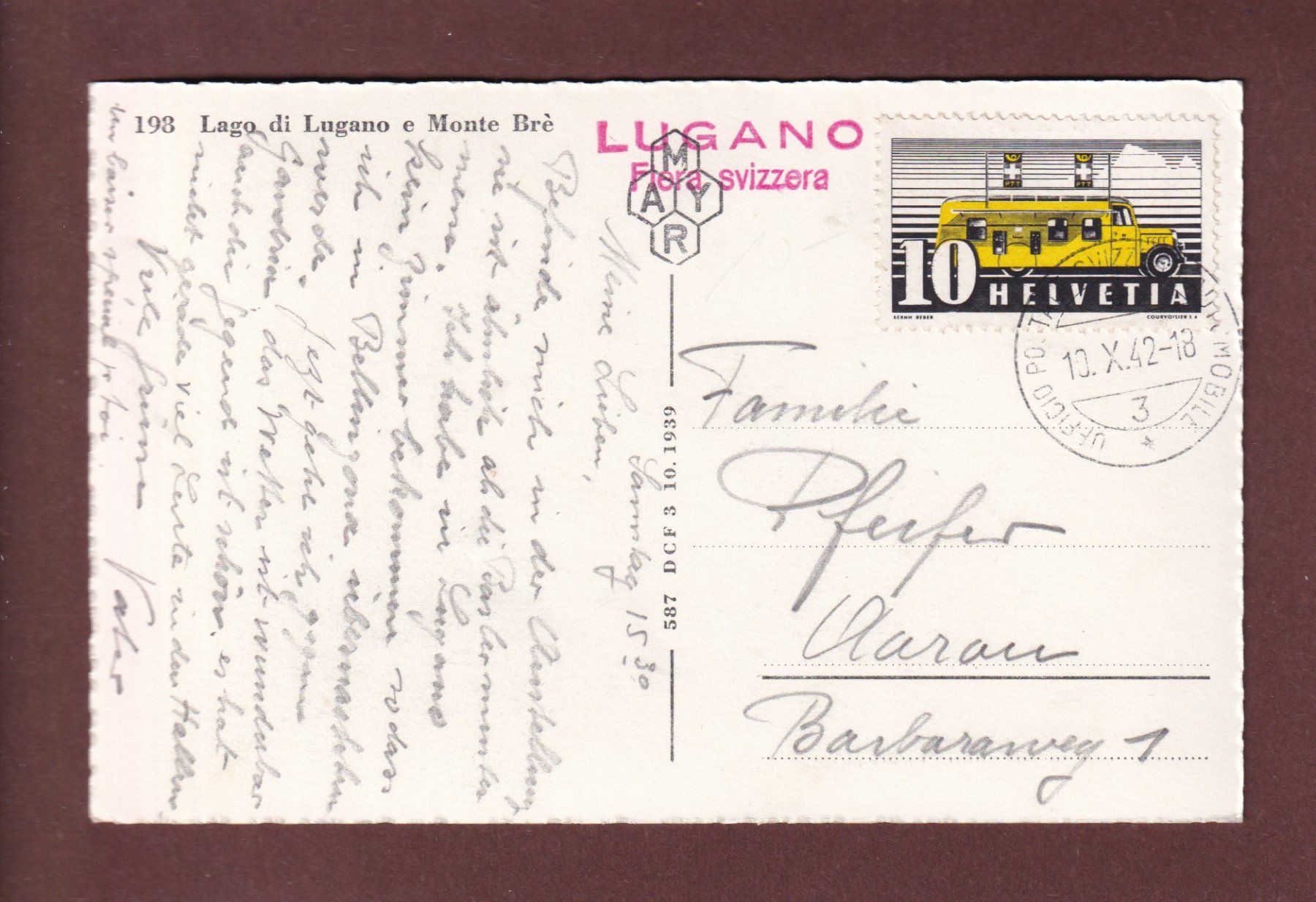Cartoline postali: LUGANO e Monte Brè - 1942 – Usato da Pully venduto da nicecards 1