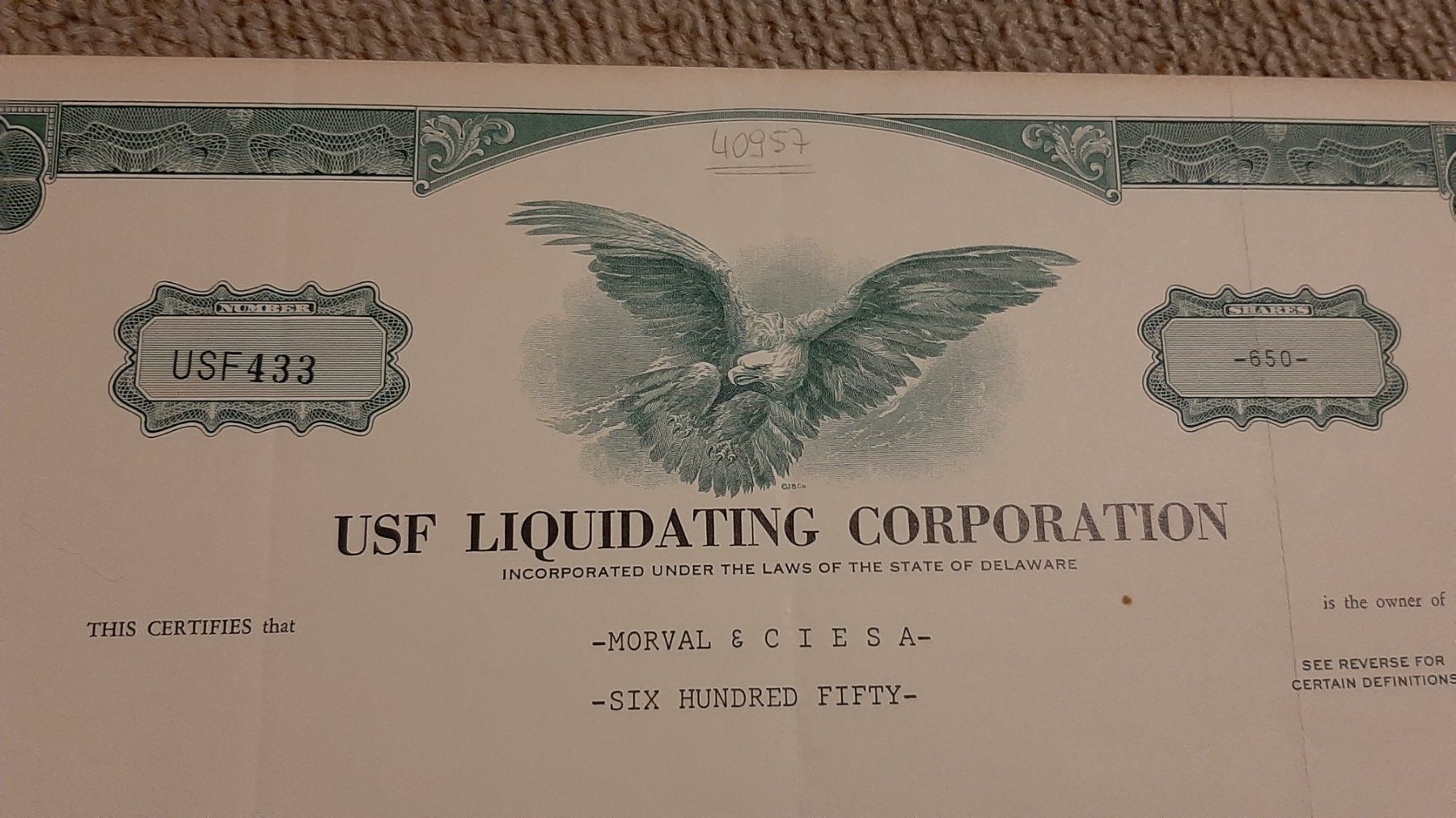 Documenti: Aktie USF  Liquidating Corporation, Delaware, 1978 – Usato da Porza venduto da ulletta1 1