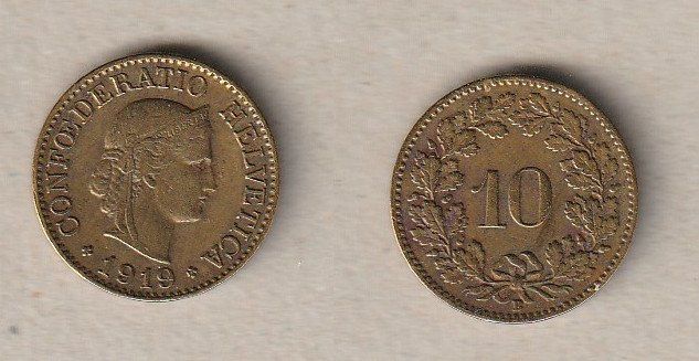 Tutti le monete: 10 Rappen 1919 Messing – Usato da Allschwil venduto da Coinfreak