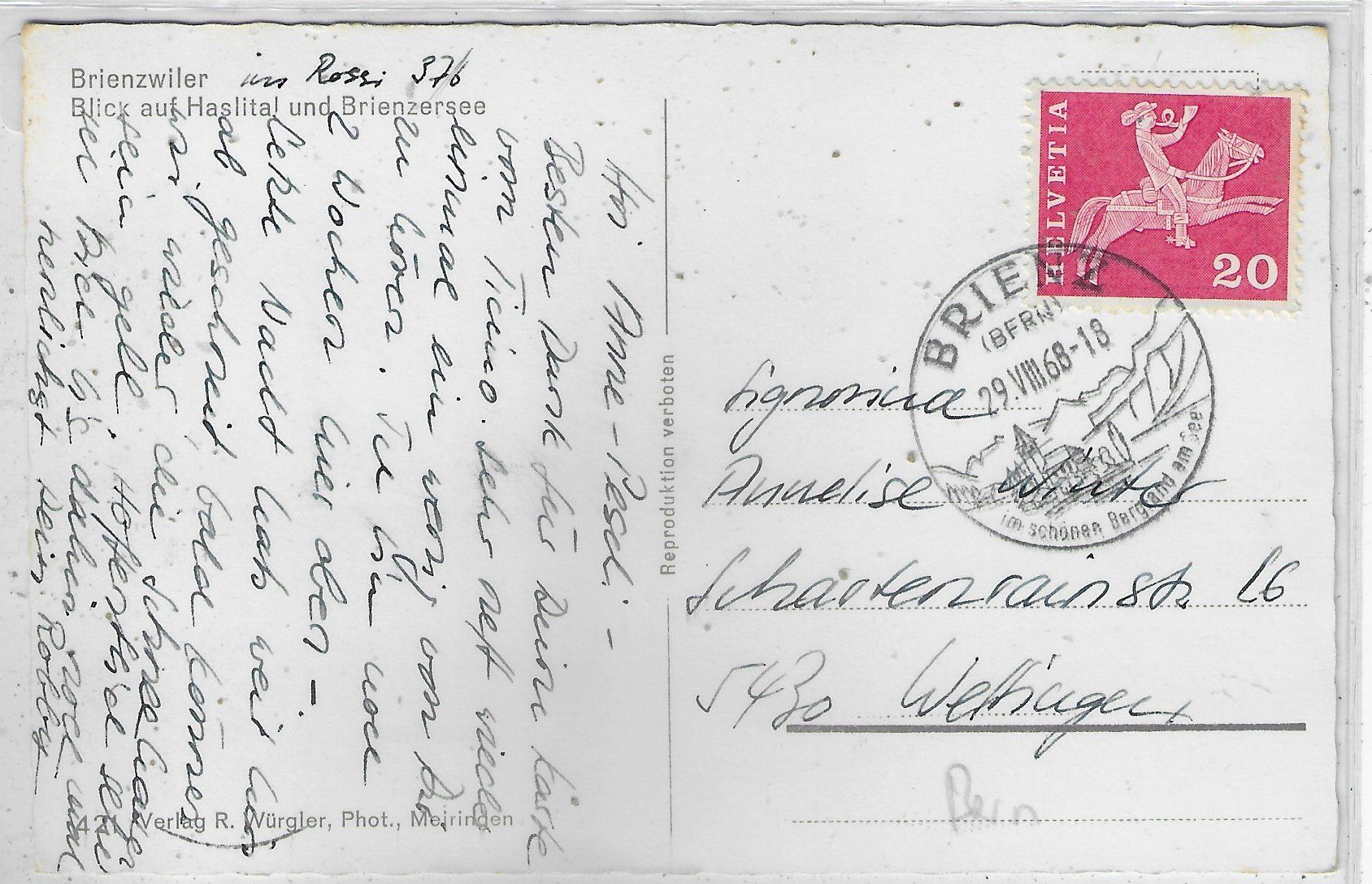 Cartoline postali: Brienzwiler - Blick auf Haslital und Brienzersee – Usato da Ettingen venduto da Kartenplanet 1