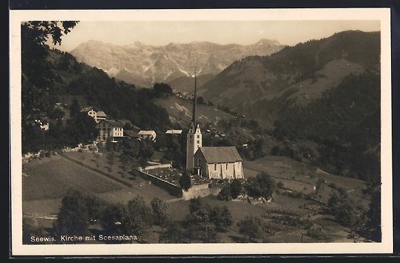 Cartoline postali: AK Seewis, Kirche mit Scesaplana – Usato da Berlin venduto da bartko-reher