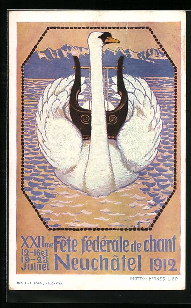 Ansichtskarten: Neuchatel, Sängerfest 1912, Schwan auf  – Gebraucht aus Berlin von bartko-reher