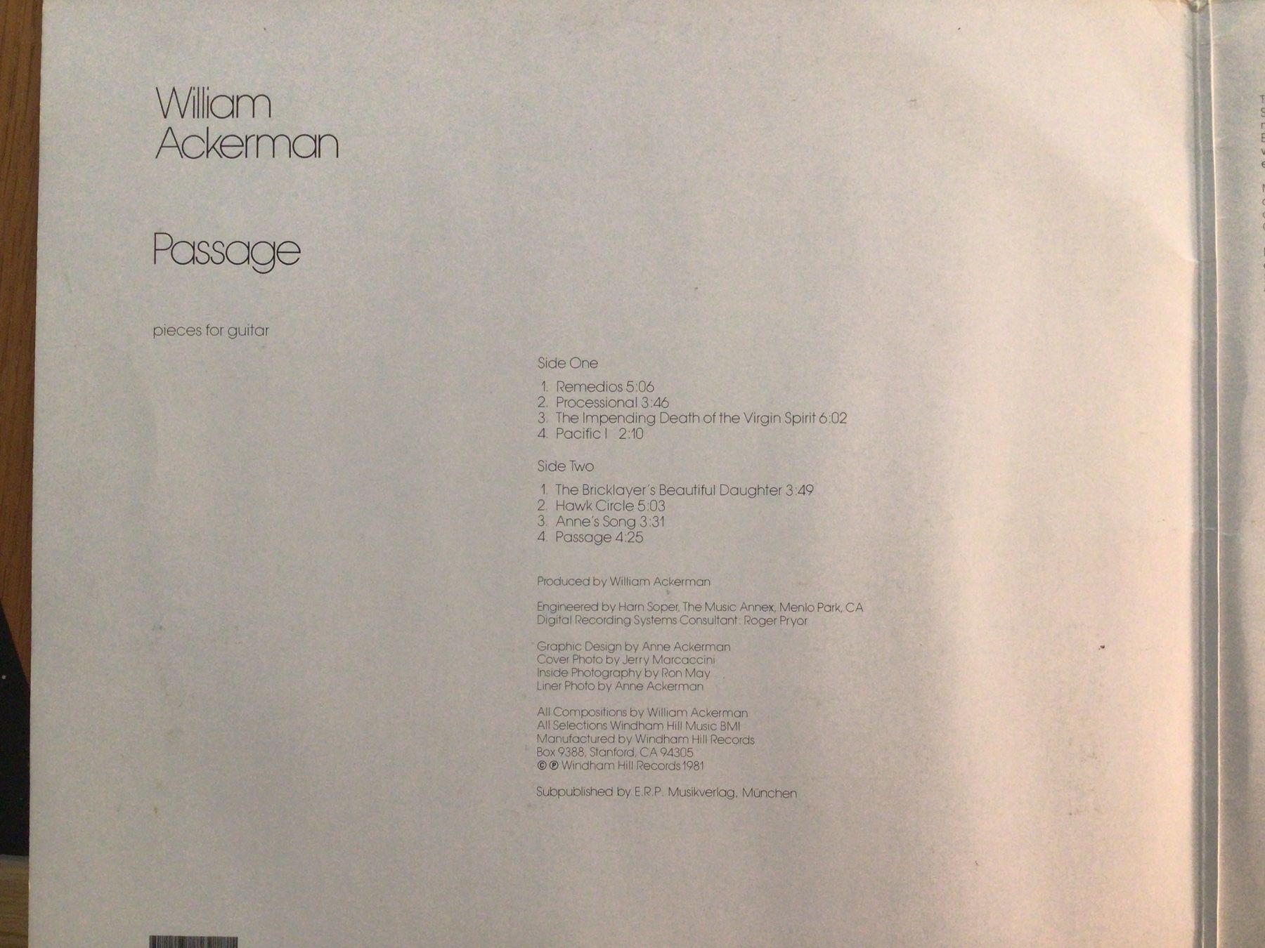 Schallplatten: WILLIAM ACKERMAN, Passage, LP 1981 – Gebraucht aus Steinach von Quarkie 1