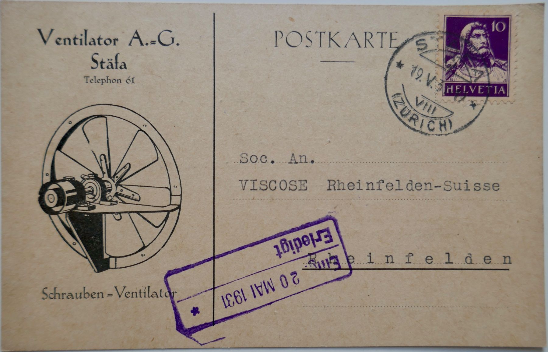 Cartoline postali: 1931, Illustrierte Postkarte Ventilator AG Stäfa – Usato da Möhlin venduto da PHILABARTIS