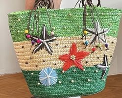 Très joli Sac en paille en fleurs d'été 38/31/14