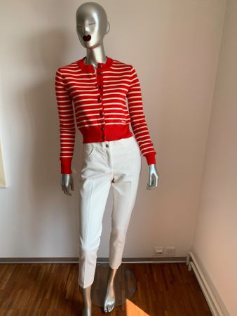 AMI: Edler rot weiss gestreifter Cardigan, 100% Merino, Gr S