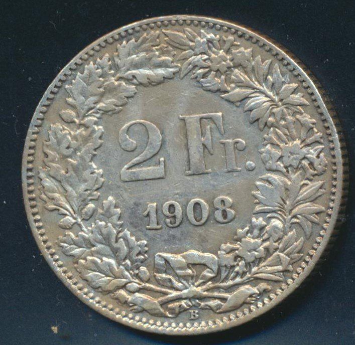 Tutti le monete: 2 Fr. 1908  ss+ – Usato da Roggwil BE venduto da Stampdealer3