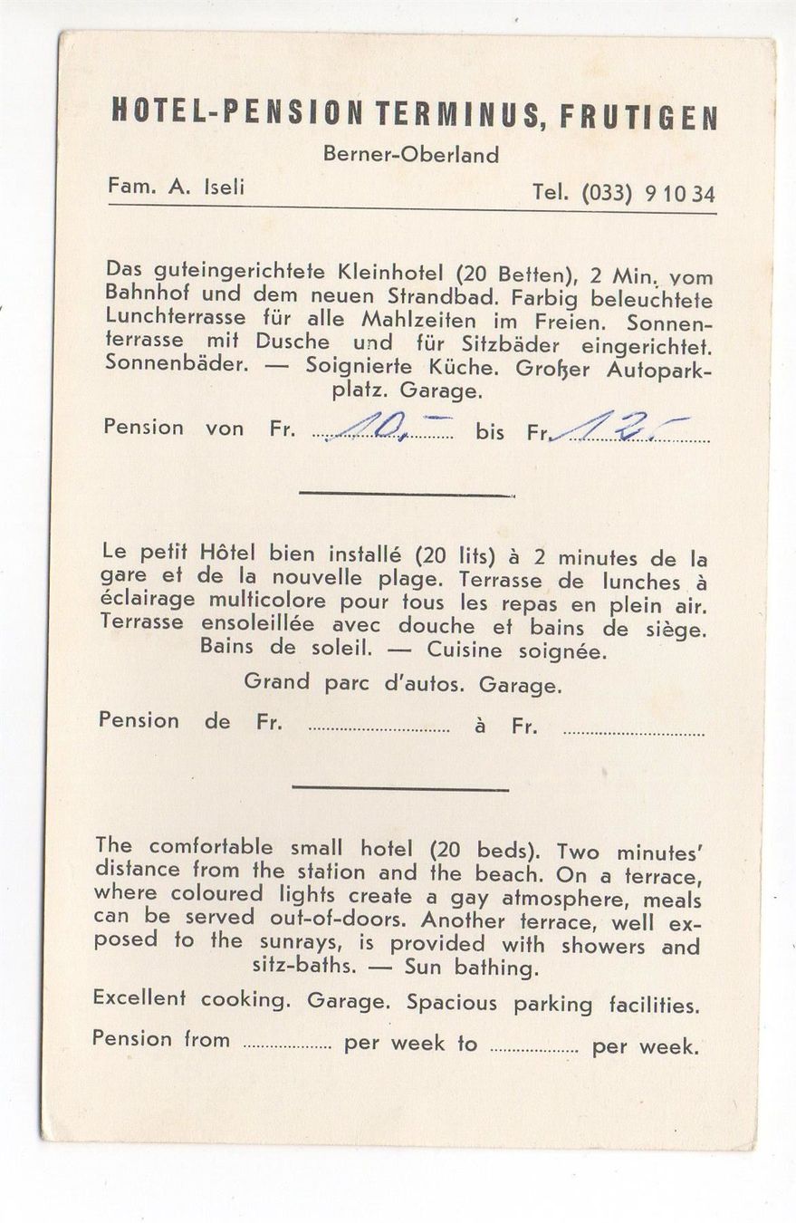 Ansichtskarten: FRUTIGEN Hotel-Pension Terminus – Gebraucht aus Jona von philajona 1