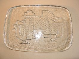 schwere Glasplatte m Hahn-Motiv Vintage Servierplatte Platte