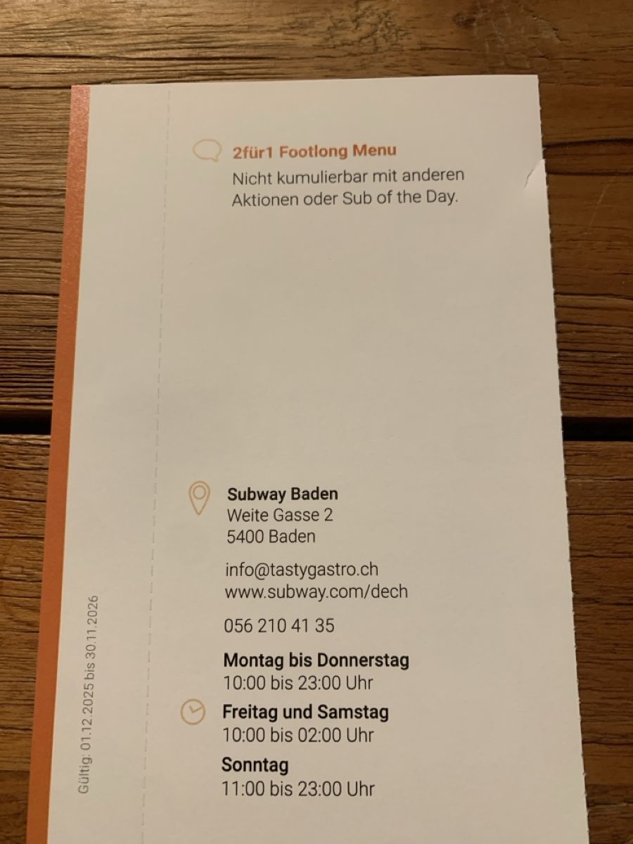 Gutscheine: 2für1 Footlong Menu, Subway Baden – Neu und originalverpackt aus Attelwil von TaraLee 1