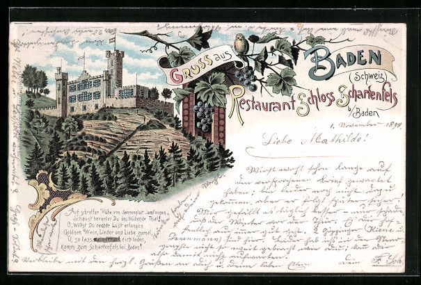 Cartoline postali: Litho Baden, Restaurant Schloss Scharten – Usato da Berlin venduto da bartko-reher
