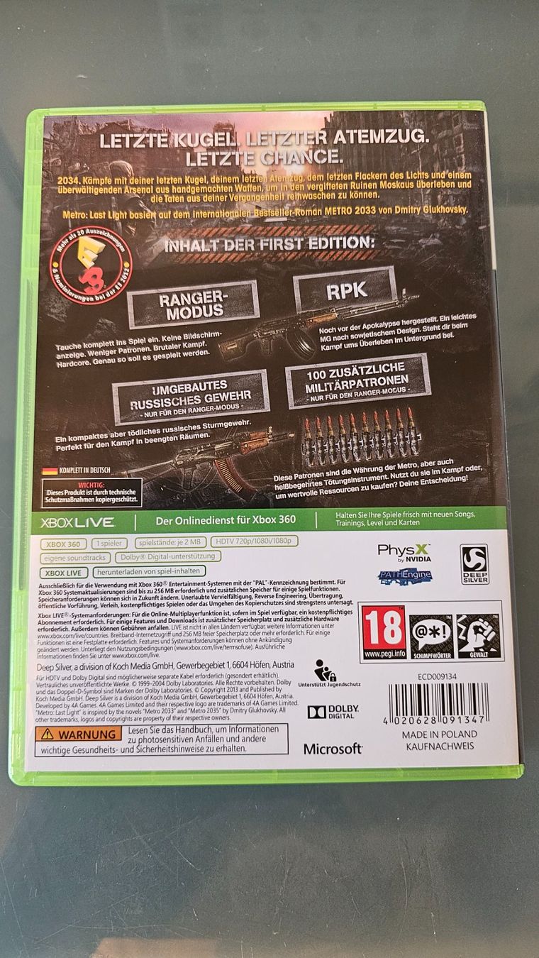 Spiele: Metro Last Light First Edition Xbox 360 Top! – Gebraucht aus Koppigen von Kellerfundsachen 2