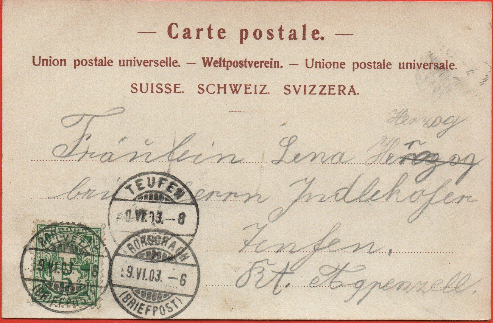 Cartoline postali: RORSCHACH Total - gel. 1903 n. Teufen – Usato da Jona venduto da philajona 1