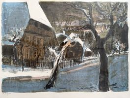 Fred Baumann, Lithographie , Bauernhaus im Winter.