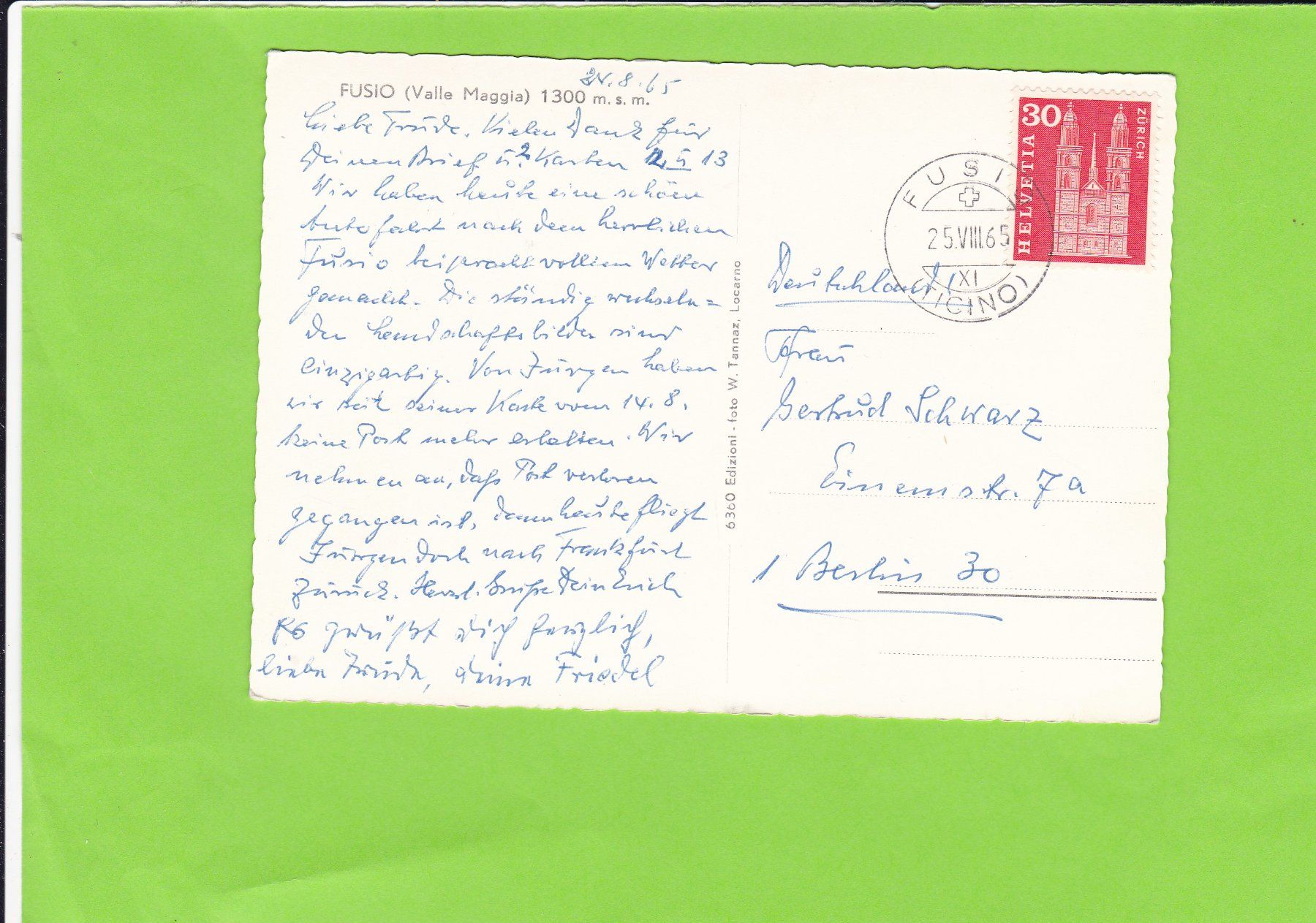 Cartoline postali: Fusio-1965 versendet – Usato da St. Peterzell venduto da neckertal 1
