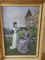 Peinture à l'huile femmes près d'un château cadre doré