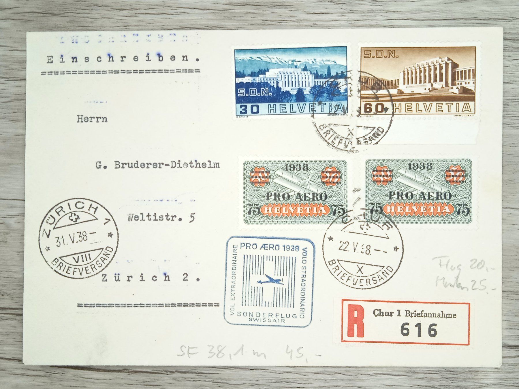 Tutti i francobolli: TR82 Enveloppe + Timbre Suisse 1938 – Usato da Cousset venduto da Patrick_Collections