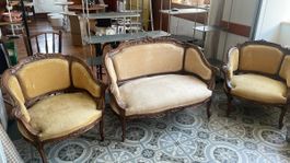 Antikes Sofa, 2 Sessel Set gelb, Vintage, Louis XV Stil