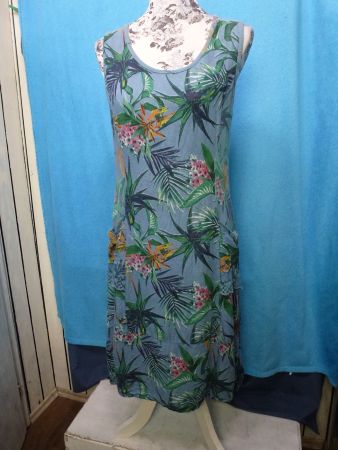 SOMMERKLEID LEINEN BLAU BLUMEN GR 40 42 ANGENEHM NEUWERTIG