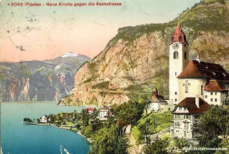 Cartoline postali: Flüelen - neue Kirche + 1912 – Usato da Emmenbrücke venduto da teestube