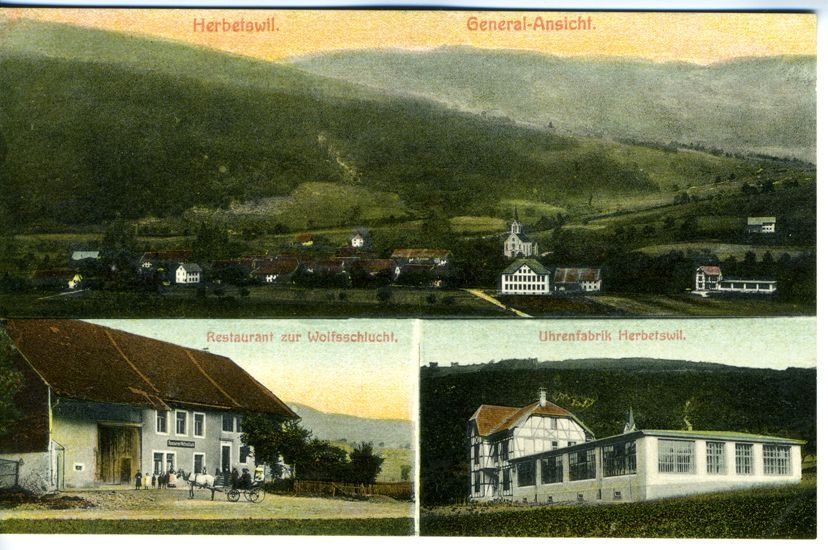 Cartoline postali: Herbetswil SO 3 Bildk. Ansicht- Wolfsschlu.- Uhrenfa. , 1910 – Usato da Solothurn venduto da Bepposol