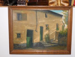 Ölgemälde Haus mit Türen und Fenster im Holzrahmen