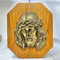 Visage du Christ en bronze doré sur bois, vintage