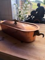 Kupfer Fischtopf oval mit Messing Griffen und Deckel