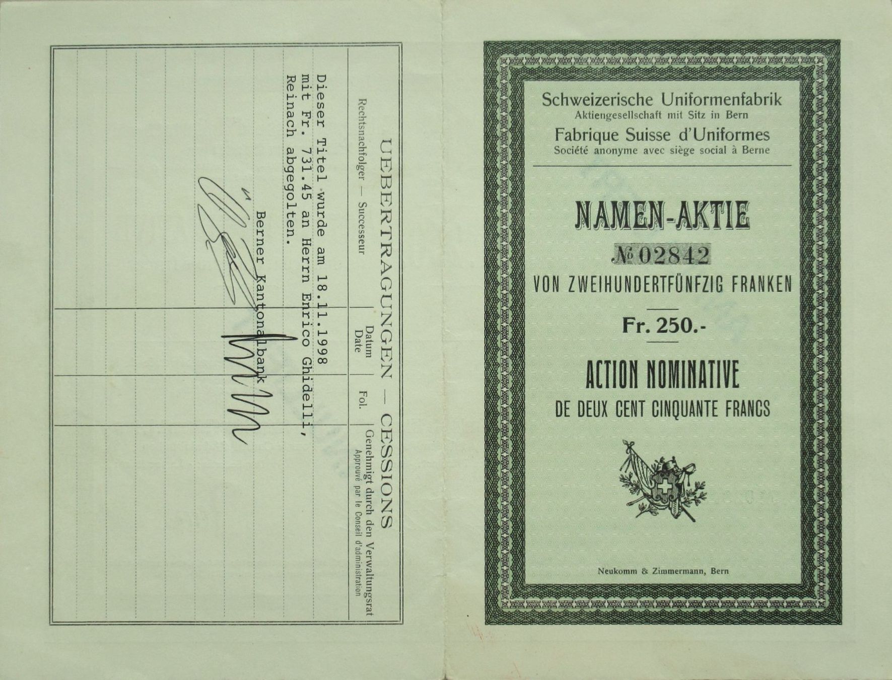 Documenti: original 2 SCHWEIZERISCHE UNIFORMENFARBIK AG Bern 1921 – Usato da Lohn-Ammannsegg venduto da rrrikko 6