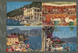 AK color Melide TI Albergo del Lago,4-Bild- Werbekarte ≈1960