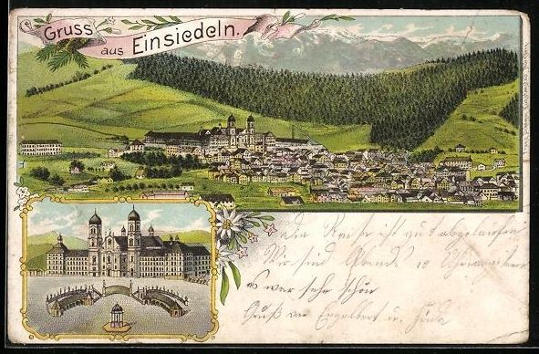 Cartes postales: Litho Einsiedeln, Gesamtansicht, Kloster – D'occasion à Berlin par bartko-reher