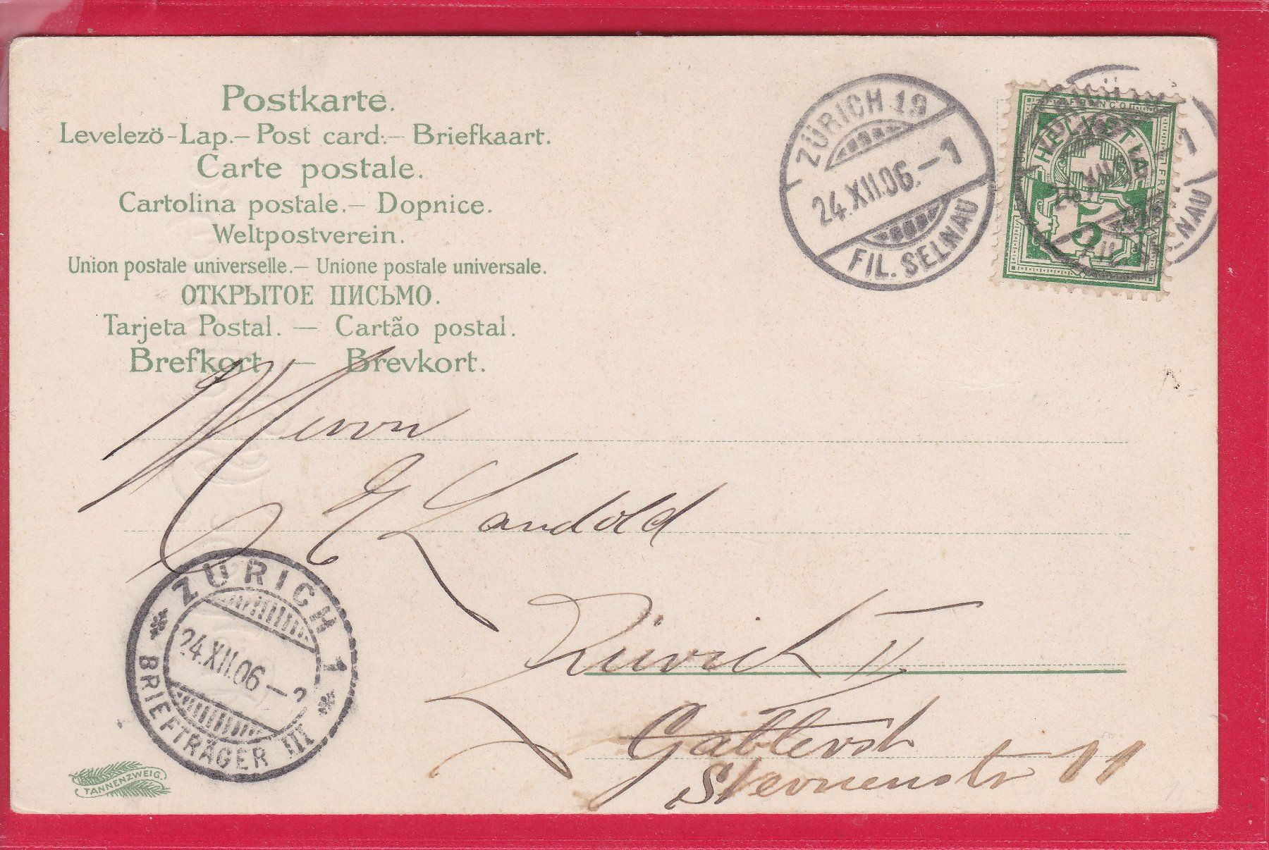 Cartoline postali: FRÖHLICHE WEIHNACHTEN, 24.12.1906 – Usato da Oberrieden venduto da Gebirgsstelze 1