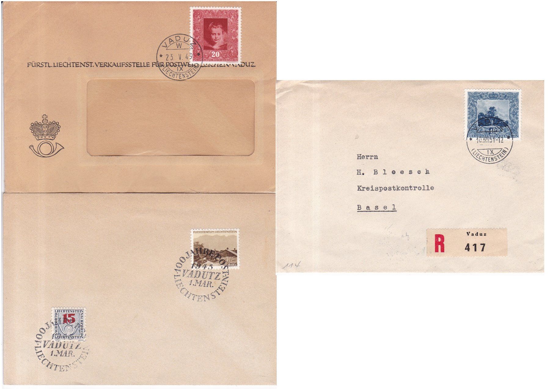Tutti i francobolli: 7 Briefe, 2 Briefmarken "Liechtenstein" ab 1945 – Usato da Münchwilen AG venduto da Nesar