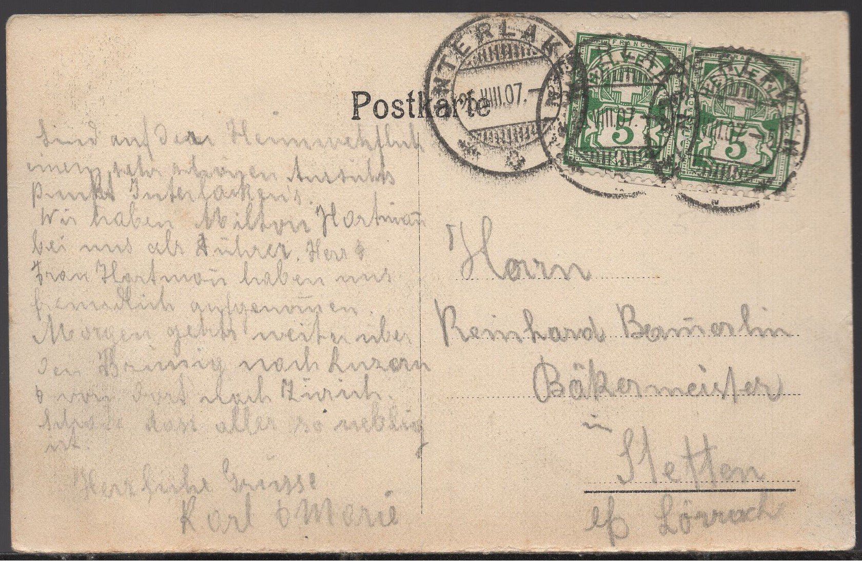 Cartoline postali: Interlaken - Drahtseilbahn - Heimwegfluh Eiger, Mönch, Jung. – Usato da Aarau venduto da kufi44 2