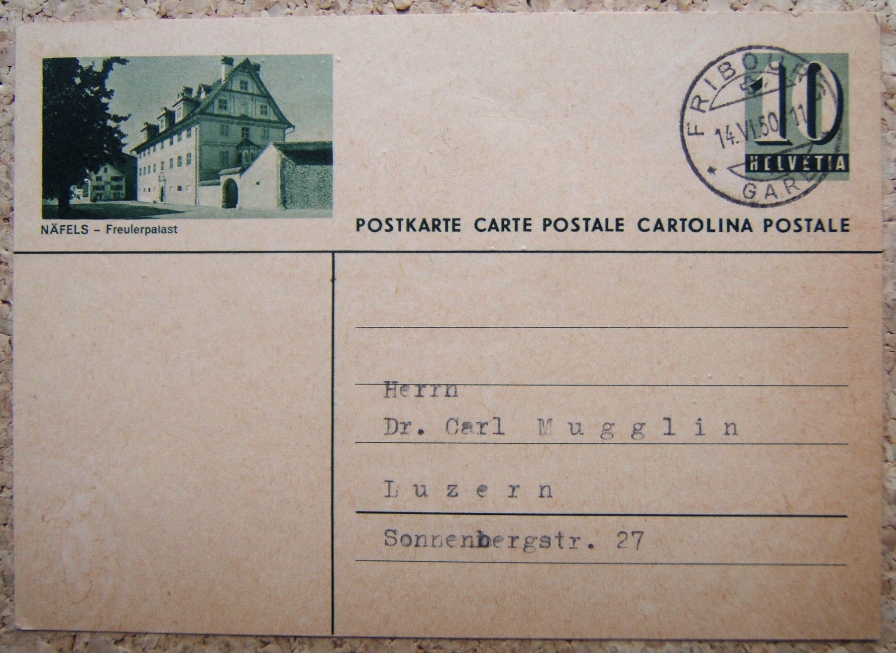 Tutti i francobolli: BILDPOSTKARTE NÄFELS - FREULERPALAST 1950 – Usato da Brunnen venduto da Nonne04