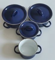 Vintage 4 kleine Emaille - Pfännchen als Puppengeschirr