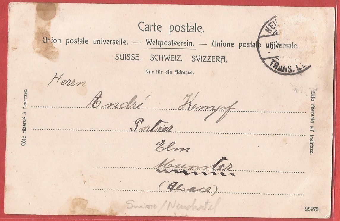 Ansichtskarten: Neuchâtel - ca. 1905 – Gebraucht aus Fislisbach von Porano 1
