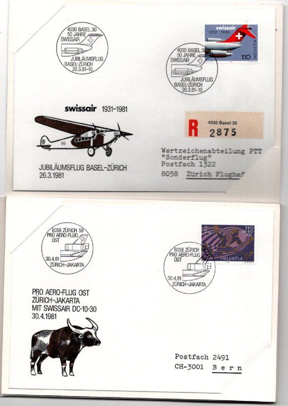 Alle Briefmarken: 5 Luftpost - Briefe mit Beschreibung, gestempelt – Gebraucht aus Bonstetten von Pinguin75 1