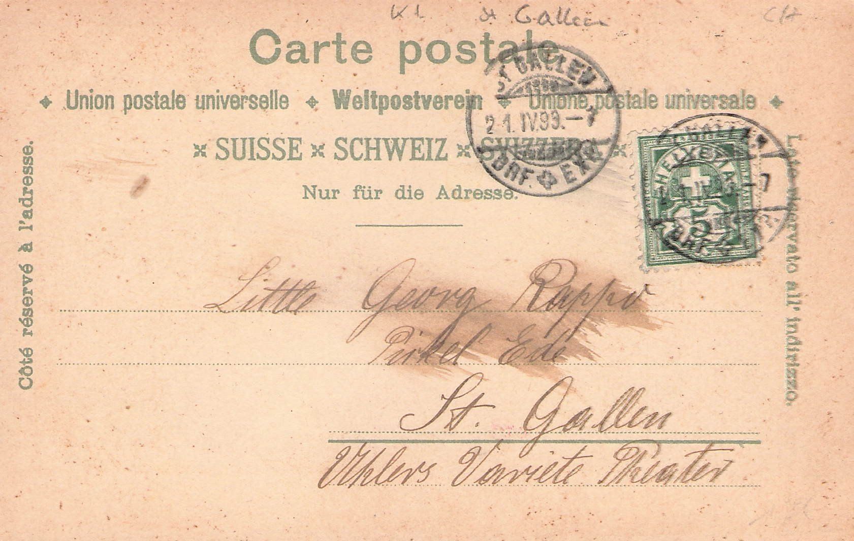 Cartoline postali: -Litho Gruss aus St. Gallen , 1899 – Usato da Reichenburg venduto da Pipo-67 1