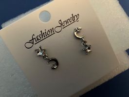 Modeschmuck, silberf. Ohrstecker, Mond &Sterne,weisse Steine