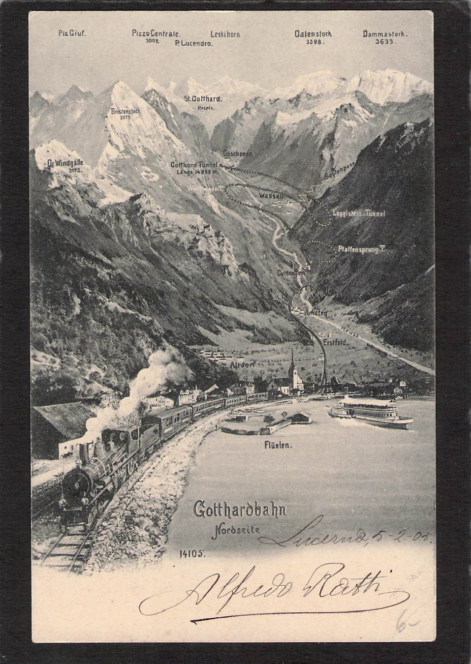 Cartoline postali: Gotthardbahn bei Flüelen UR , gel. 1905 – Usato da Reichenburg venduto da Pipo-67