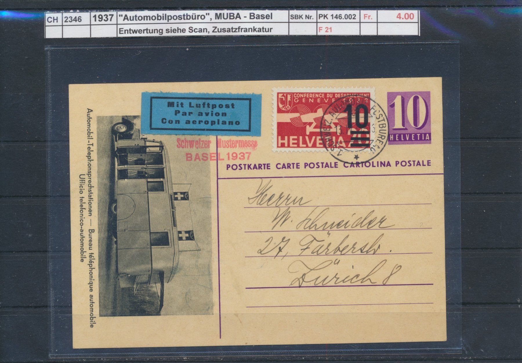 Tutti i francobolli: 1937 "Automobilpostbüro", MUBA - Basel – Usato da Winterthur venduto da Zupogeru