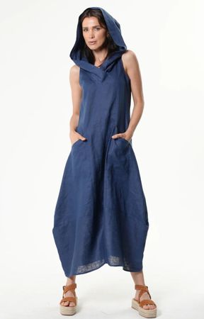 Kapuzen-Kleid aus Leinen in blau - Handmade