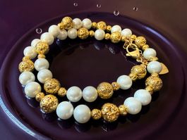 Unikat 💎 Neue Halskette Muschelkern-Perlen Goldene Lava 18K
