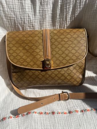 Céline Sac à main vintage en toile Macadam et cuir beige