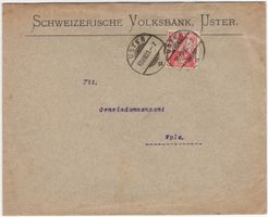 Perfin S.V./U. auf Beleg der Schweizerischen Volksbank USTER