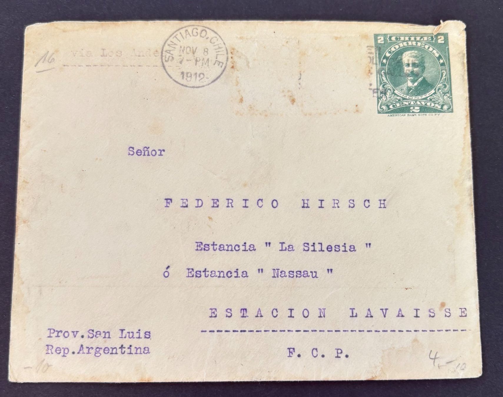 Alle Briefmarken: BRIEFUMSCHLAG CHILE 1912 – Gebraucht aus Ostermundigen von wini63