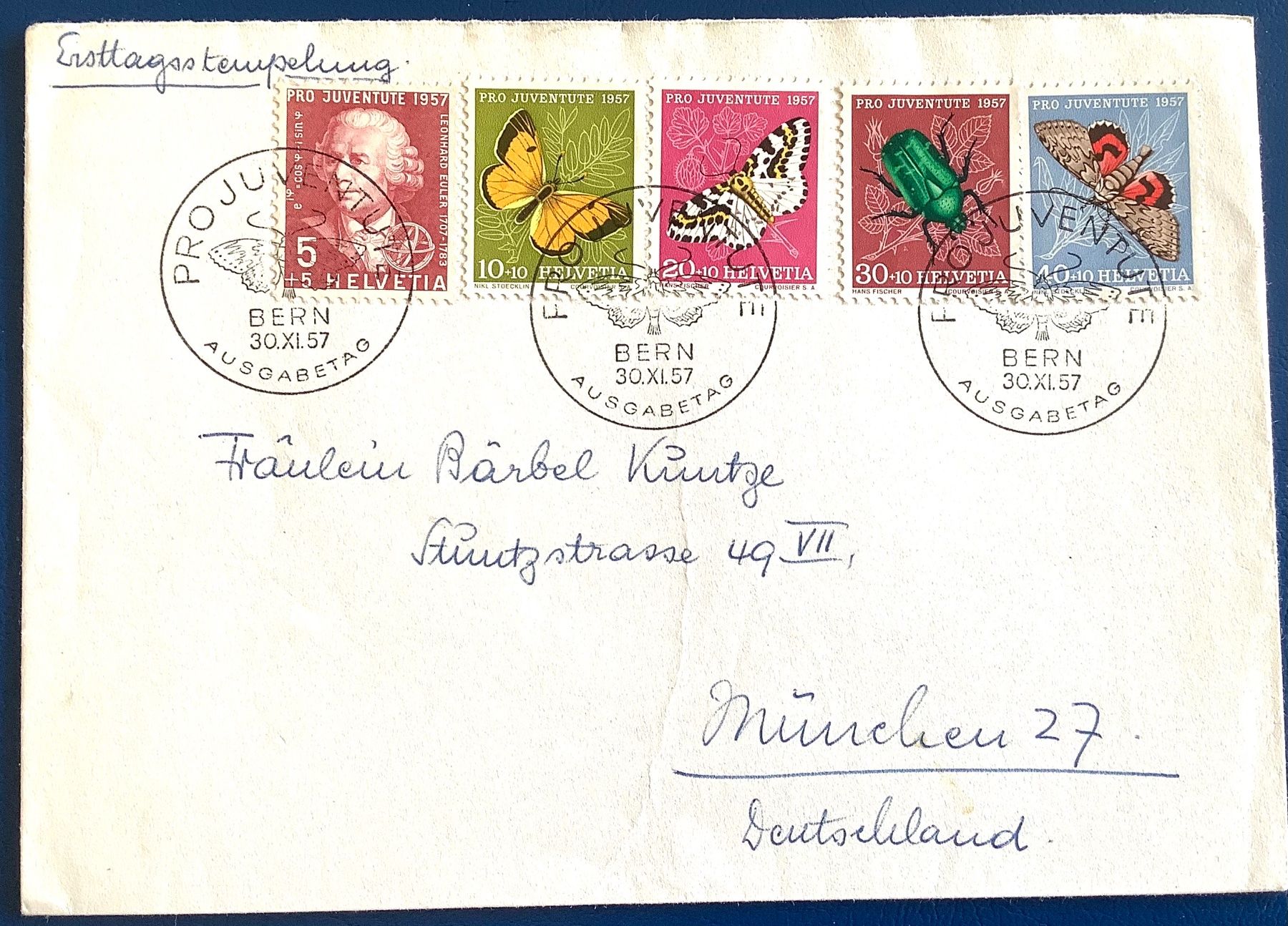 Alle Briefmarken: 1957 / FDC Pro Juventute nach München – Gebraucht aus Liestal von Pep3