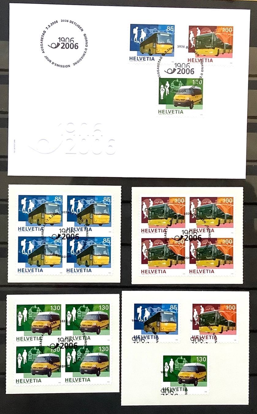 Tutti i francobolli: 2006 Schweiz 100 Jahre Postauto FDC Viererblöcke + Einzel – Nuovo (secondo la descrizione) da Liestal venduto da Skunk02